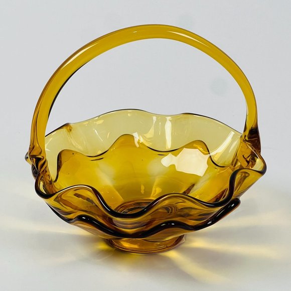 Viking Art Glass Epic Double Crimped Amber Glass Handled Double Flower Basket - Picture 5 of 8